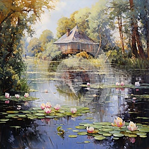 nature landscape illustration by oil painting on canvas, magical lake with lilys