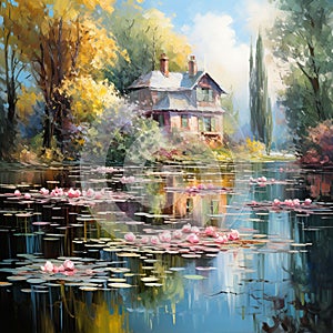 nature landscape illustration by oil painting on canvas, magical lake with lilys