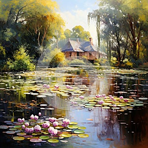 nature landscape illustration by oil painting on canvas, magical lake with lilys