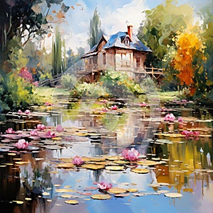 nature landscape illustration by oil painting on canvas, magical lake with lilys