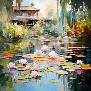 nature landscape illustration by oil painting on canvas, magical lake with lilys