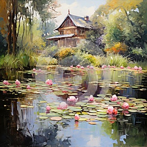 nature landscape illustration by oil painting on canvas, magical lake with lilys