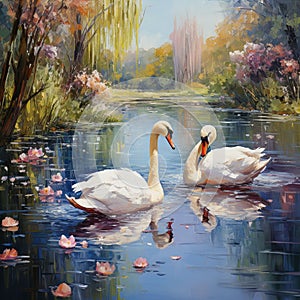 nature landscape illustration by oil painting on canvas, magical lake with lilys