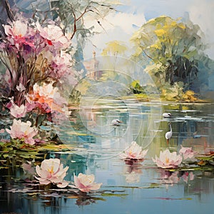 nature landscape illustration by oil painting on canvas, magical lake with lilys