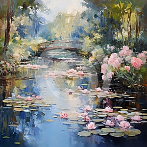 nature landscape illustration by oil painting on canvas, magical lake with lilys