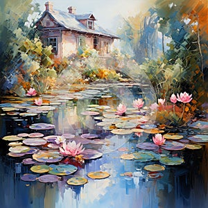 nature landscape illustration by oil painting on canvas, magical lake with lilys