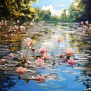 nature landscape illustration by oil painting on canvas, magical lake with lilys