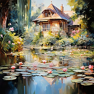 nature landscape illustration by oil painting on canvas, magical lake with swans