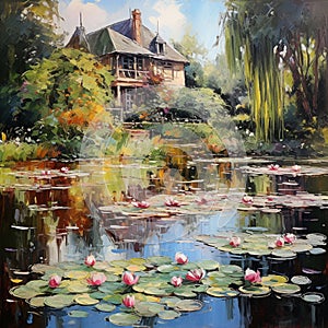 nature landscape illustration by oil painting on canvas, magical lake with swans