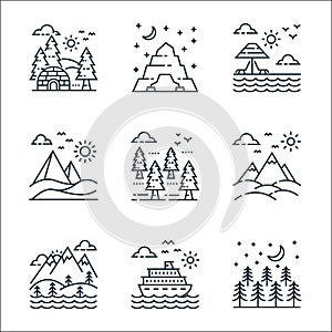 Nature and landscape line icons. linear set. quality vector line set such as trees, cruise ship, mountain, hills, forest, desert,