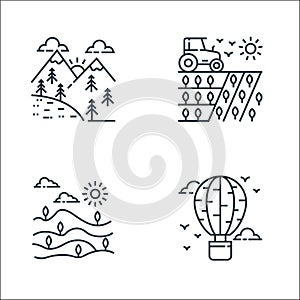 Nature and landscape line icons. linear set. quality vector line set such as hot air balloon, field, tractor