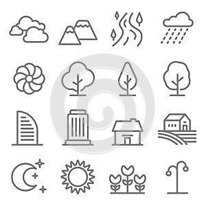 Nature landscape line vector icon set. Outline trees and mountains, River icons. City building, House, Home and green tree outline