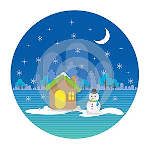 Nature landscape with mountains, snowman, forest, houses, hills. Flat design vector illustration