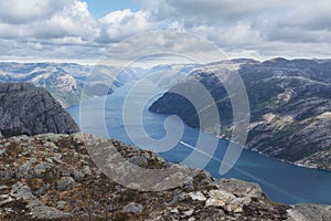 Nature, landscape of Norway, rocky plateau above Lucefjord and ship