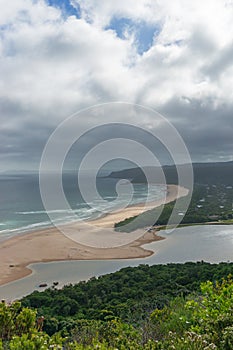 Nature landscape with ocean, beach, forest and river lagoon