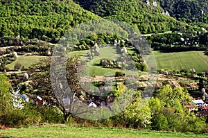 Nature Landscape Panorama of village in Slovakia, mountains with fields. Beautiful landscape at mountains. Agriculture view.