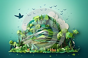 Nature landscape in paper cut art illustration style. Eco friendly environment. Generative AI