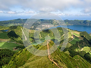 Nature landscape paradise. Azores, european holiday travel destinations. Drone aerial view of volcanic landscape. Sao Miguel islan