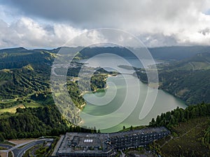 Nature landscape paradise. Azores, european holiday travel destinations. Drone aerial view of volcanic landscape. Sao Miguel islan