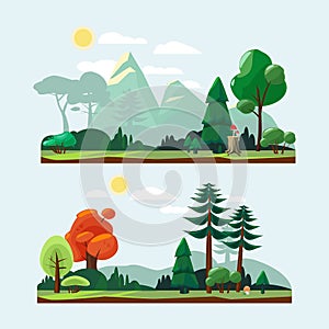 Nature landscape. Park garden background with road trees stones and plants blue sky cartoon vector weather illustration