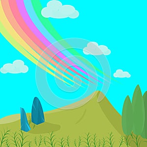 Nature landscape with rainbow clounds in sky graphic design vector illustration photo
