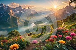 Nature landscape, rive, mountains, flower, grass and tree. Mountain landscape, path
