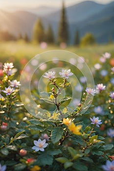 Nature landscape, rive, mountains, flower, grass and tree. Mountain landscape, path