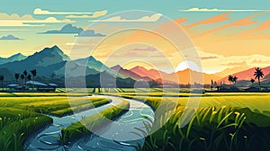 Nature landscape with river and mountains at sunet illustration AI Generated