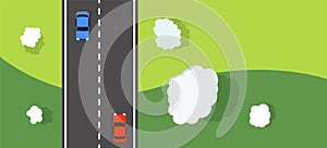 Nature landscape with road , clouds and cars top view vector.Countryside road with car banner design.