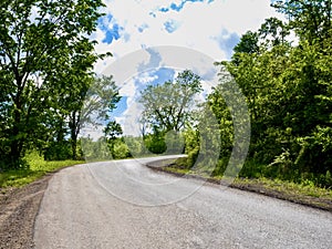 Nature landscape scene of an uphill winding curve road surrounded by green trees on both sides and a bright blue sky in the