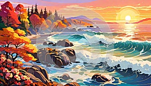 Nature landscape scenic waves breaking rocks seashore sunset