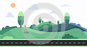 Nature landscape with sky background vector illustration.Cartoon nature scene with street.Meadown with hills in summer