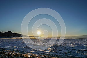 Nature landscape with sunset sky at Shaman Poles in Baikal lake, Olkhon Island in winter season