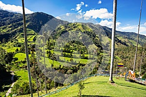 Nature landscape of tall wax palm trees in Valle del Cocora Valley. Salento, Quindio department. Colombia mountains landscape. photo