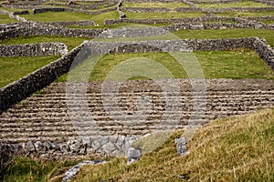 Nature landscape with traditional stone fences and green agriculture field. Warm sunny day. Aran Island, county Galway, Ireland.