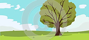 Nature landscape with tree , clouds and sky background.Vector illustration.Mountains Hills Green Grass and big tree.