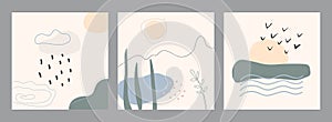 Nature Landscape vector illustration set. Abstract Sun cloud wave plants minimalist stylized shapes collection