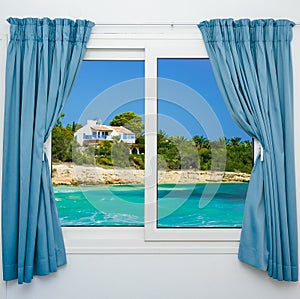 Nature landscape with view through a window with curtains