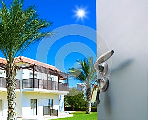 Nature landscape with a view through a window with curtains