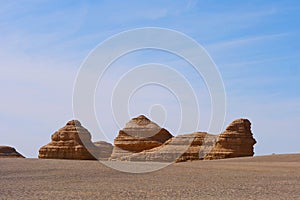 Nature landscape view of Yardang landform under sunny blue sky in Dunhuang UNESCO Global Geopark, Gansu China