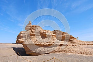 Nature landscape view of Yardang landform under sunny blue sky in Dunhuang UNESCO Global Geopark, Gansu China