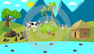 Nature landscape village flat vector with trees, mountains, road, van, clouds, sky, sun, house, cow, hen, lake, rock etc.