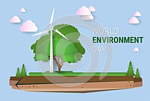 Nature Landscape With Wind Turbine World Environment Day Ecology Protection Holiday Greeting Card