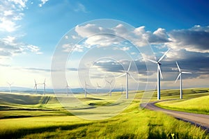 Nature landscape with Wind turbines farm on grassy field against blue sky. The concept of ecology, sustainable resources and