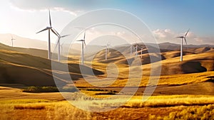 Nature landscape with Wind turbines farm on grassy field against blue sky. The concept of ecology, sustainable resources and