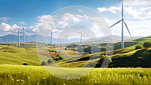 Nature landscape with Wind turbines farm on grassy field against blue sky. The concept of ecology, sustainable resources and