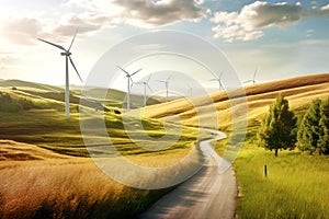 Nature landscape with Wind turbines farm on grassy field against blue sky. The concept of ecology, sustainable resources and