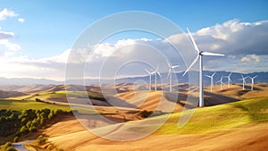 Nature landscape with Wind turbines farm on grassy field against blue sky. The concept of ecology, sustainable resources and