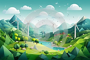 Nature landscape with windmill farm in paper cut art illustration style. Eco friendly environment. Generative AI