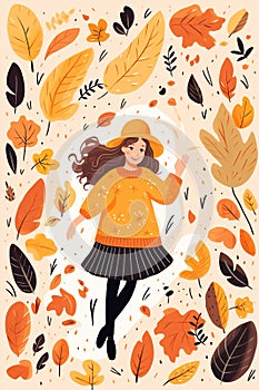 Nature leaf fall character happy autum meditating active cartoon cute women